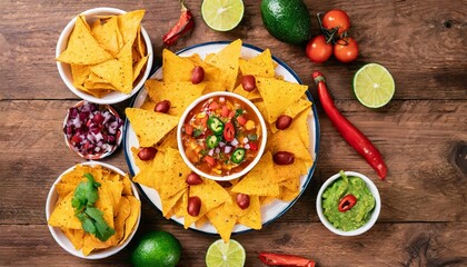 Wall Mural - Chili with nachos on the table. Top view.
