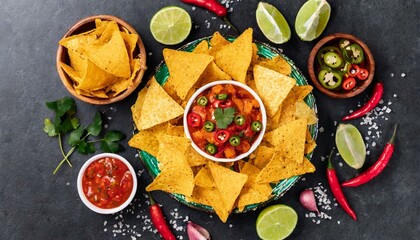 Wall Mural - Chili with nachos on the table. Top view.
