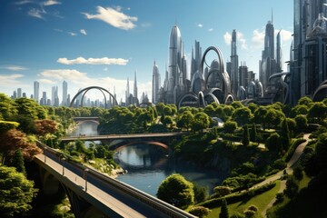 Poster - Futuristic City With Bridge Over River Generative AI