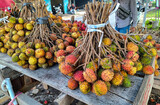 Closeup view of rambutan fruits at a market in Ungaran, Indonesia.
