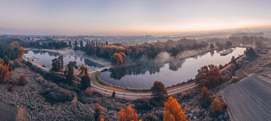 Sticker - Public park called Lewityn in Pabianice City in autumn vibes- view from a drone