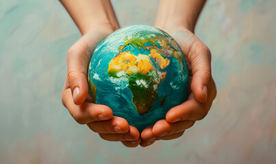 Two hands holding the earth in front of lush green plants