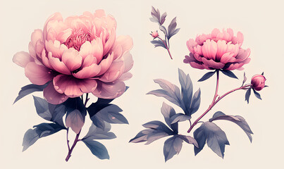 Pink peony flowers blooming in a watercolor illustration
