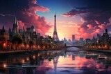 Fototapeta Londyn - the eiffel tower is reflected in the water at sunset in paris