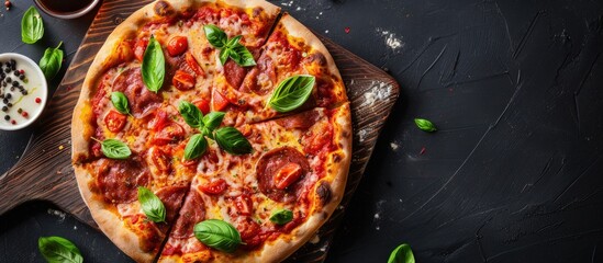 Wall Mural - Close up a delicious homemade pizza with ingredients on wooden board background. AI generated image