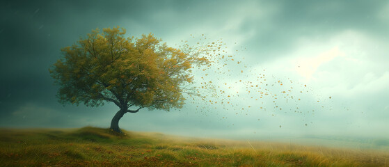  a solitary tree with leaves swirling in the wind as a storm approaches