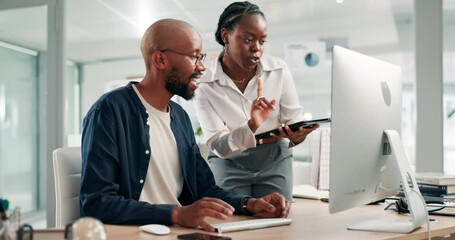 Poster - Computer, leader or black people in discussion, conversation or talking for coaching. Tablet, African manager teaching or happy man with pc speaking of digital info, communication or research online