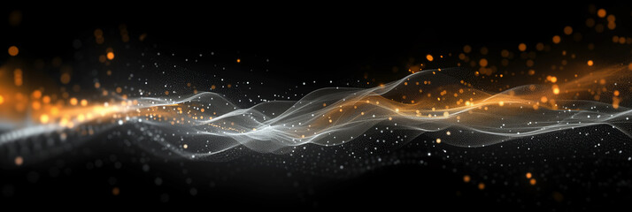 Wall Mural - Abstract banner illustration with white and golden glowing light waves and particles on a black background. Copy space for text.