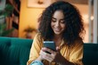 Happy millennial hispanic teenage girl checking social media holding smartphone at home. Smiling young latin woman using cellphone app playing games, shopping online - generative ai