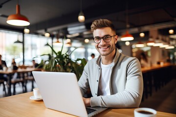 Poster - Beautiful young man happily smiling while working with laptop in office - generative ai