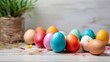 colorful easter monday eggs on wooden table background. beautiful background for poster, banner, web, social media. ai generative design