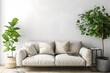 Interior Living Room, Empty Wall Mockup In White Room With White Sofa And Green Plants, 3d Render Real Room Template