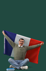 Sticker - Young man with flag of France sitting on green background