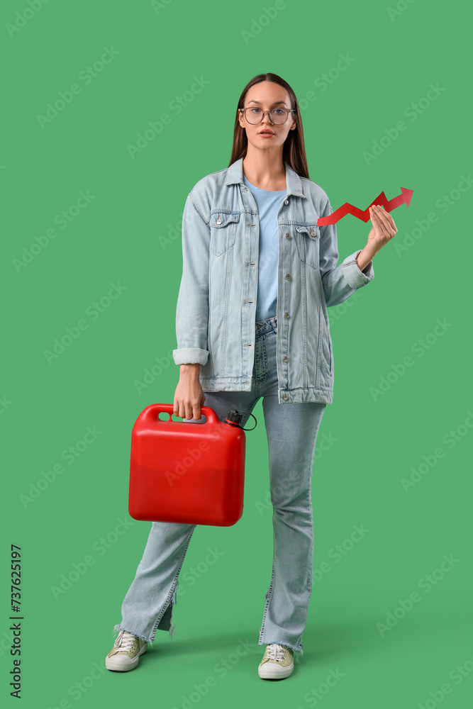 Young woman with jerrycan and arrow on green background. Price rise concept