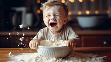 A Cheerful Little Boy With A Big Bowl Of Flour. Encouraging Early Exploration And Creativity. Generative AI.