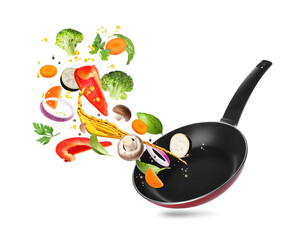 Sticker - Different vegetables, oil, frying pan in air on white background