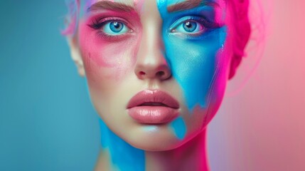 Wall Mural - Close-up, Pretty face of a beautiful woman with multi colors vivid makeup on minimal background