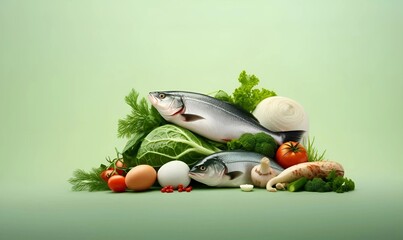 Wall Mural - world healthy day copy space close food vegetables fish, isolated green background copy space