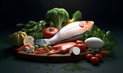 Wall Mural - world healthy day copy space close food vegetables fish, isolated green background copy space