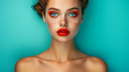 Wall Mural - Close-up, Pretty face of a beautiful woman with multi colors vivid makeup on minimal background