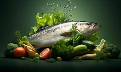 Wall Mural - world healthy day copy space close food vegetables fish, isolated green background copy space