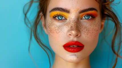 Wall Mural - Close-up, Pretty face of a beautiful woman with multi colors vivid makeup on minimal background