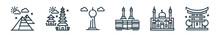 Outline Set Of World Monument Line Icons. Linear Vector Icons Such As Pyramid, Pura, Fernsehturm Berlin, Mecca, Mosque, Torii Gate. Vector Illustration.