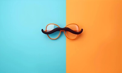 Overhead glasses, nose and mustache for April 1, April Fool's Day, copy space background