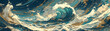 artistic blue and gold sea waves with vibrant colors, background with a ratio size of 32:9