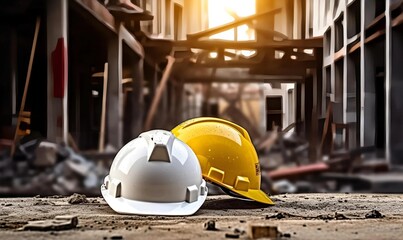 Wall Mural - Yellow and white helmet safety in construction site