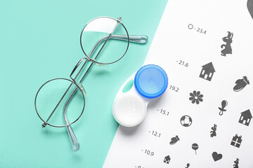 Canvas Print - Stylish eyeglasses with eye test chart and container for contact lenses on turquoise background