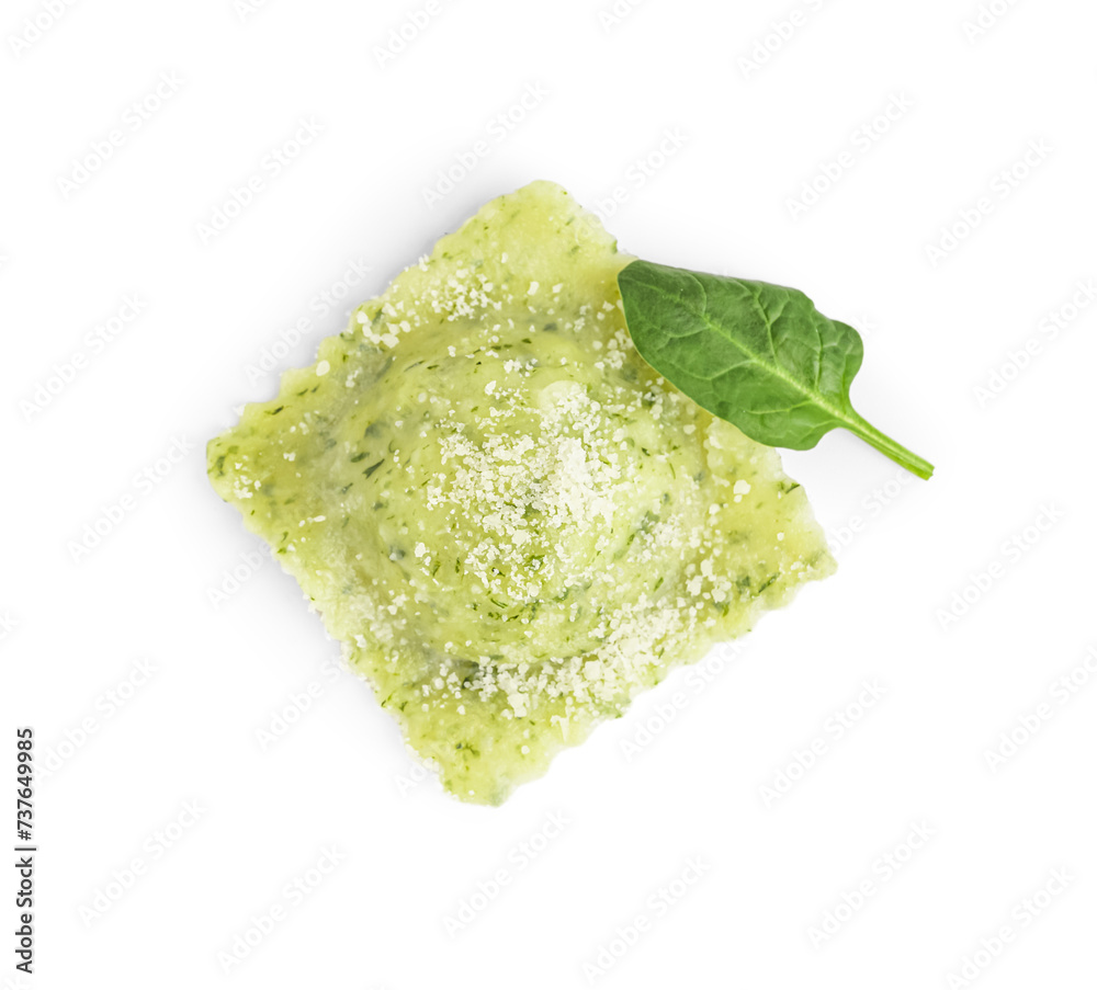 Tasty ravioli with cheese and spinach on white background