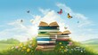 Stack of books in the middle of a sunny meadow with a bright blue sky in the background, the theme of education and knowledge	
