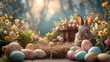 Fundo fotográfico de páscoa com lindo cenário decorativo com coelhinho, ovos e fundo desfocado.