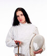 Caucasian Woman In Fencing Jacket Holding Mask And Top Of Foil