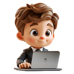 Wall Mural - A 3D animated cartoon render of a young businessman typing on a laptop. Created with generative AI.