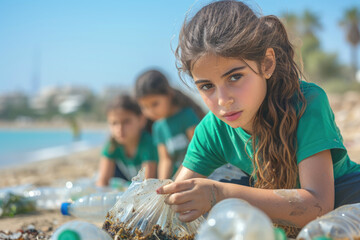 Young girl on a beach holding a plastic bag engaging in coastal cleanup with bag of collected waste, Love the Earth, environmental responsibility, education, ecological conservation, earth day