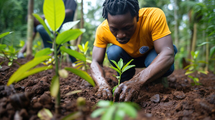 Wall Mural - African man carefully supporting young plant into fertile soil, growth, sustainability, environmental, potential of life and the care required to cultivate, global sustainability, earth day