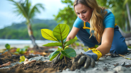 Wall Mural - Woman hand carefully supporting young plant into fertile soil, growth, sustainability, environmental, potential of life and the care required to cultivate, global sustainability, earth day