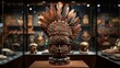 A ceremonial crown used in traditional rituals, made of hammered bronze and adorned with feathers, beads, and carved wooden symbols. 