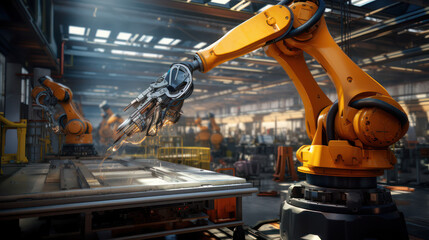 Poster - Robotic arm automation in a bustling car factory with advanced machinery. 5G technology future industry 5.0