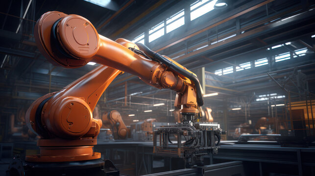 Robotic arm automation in a bustling car factory with advanced machinery. 5G technology future industry 5.0