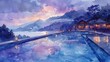 A whimsical watercolor spa scene set at twilight, the sky painted in soft violets and blues