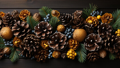 Sticker - Winter celebration nature gift, a pine cone on rustic wood generated by AI