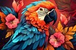 a colorful parrot is surrounded by flowers and leaves