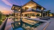 Impressive modern mansion with pool at dusk