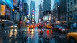 Fototapeta Nowy Jork - Photograph of busy city street, taken at dusk on a rainy day, water beading on glass, camera focus on window. AI generative