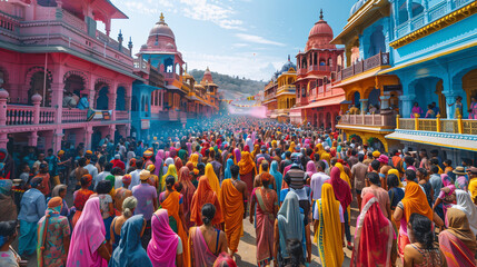 Wall Mural - people covered in colour at Holi, a Hindu spring festival, crowds of people on the street with powder and colorful clothes in India