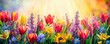 Spring Serenity - Abstract Defocused Background with Tulips and Hyacinth Flowers, Bathed in the Warmth of a Sunlit Field. Made with Generative AI Technology