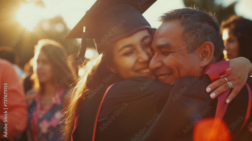 Young woman in his graduation gown and cap, hugging her parents at the ...